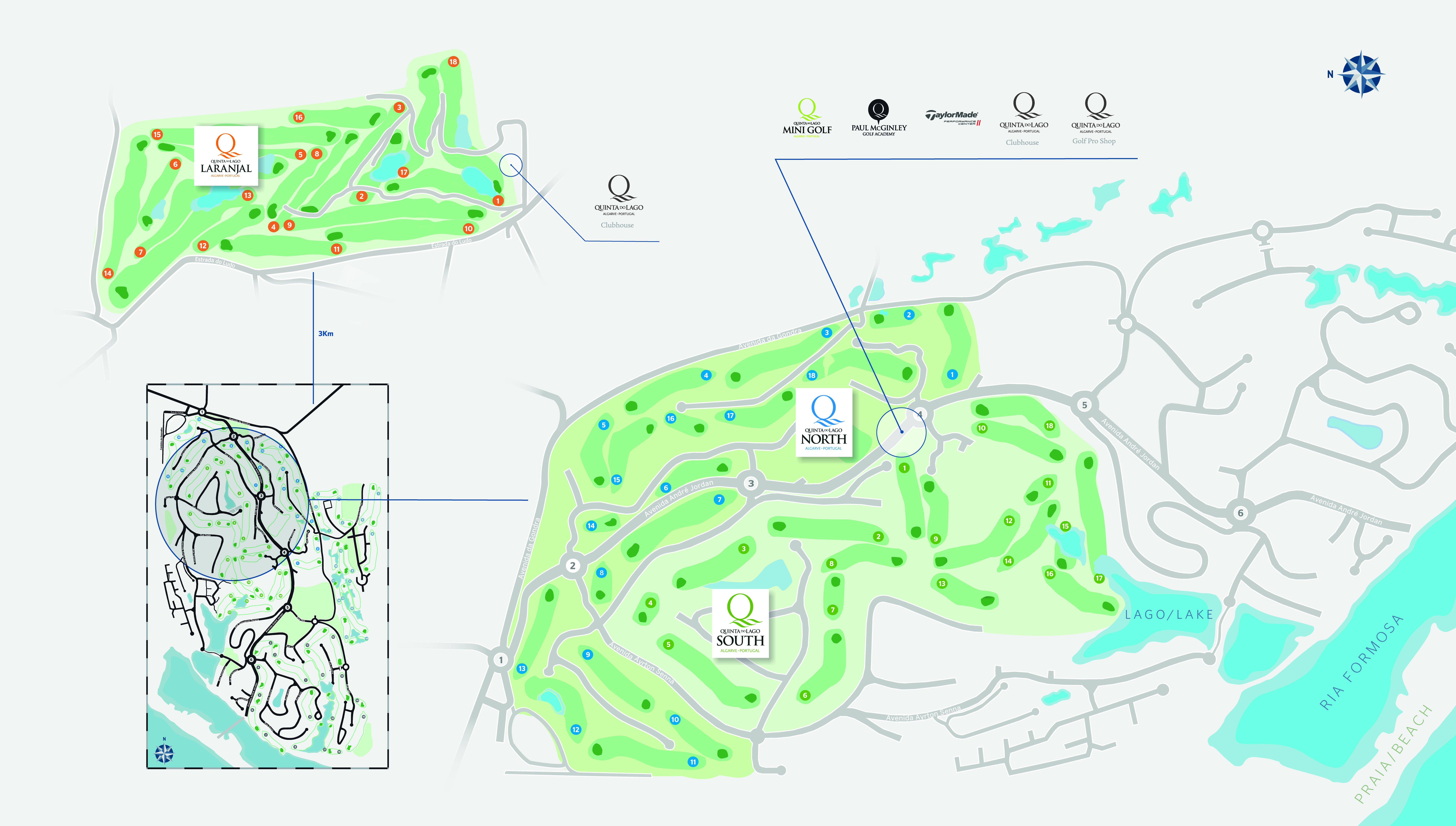 A detailed map of the golf course at Quinta do Lago, showing the layout of the holes, paths, and surrounding areas. The map includes a smaller inset map and markers indicating various features within the course.