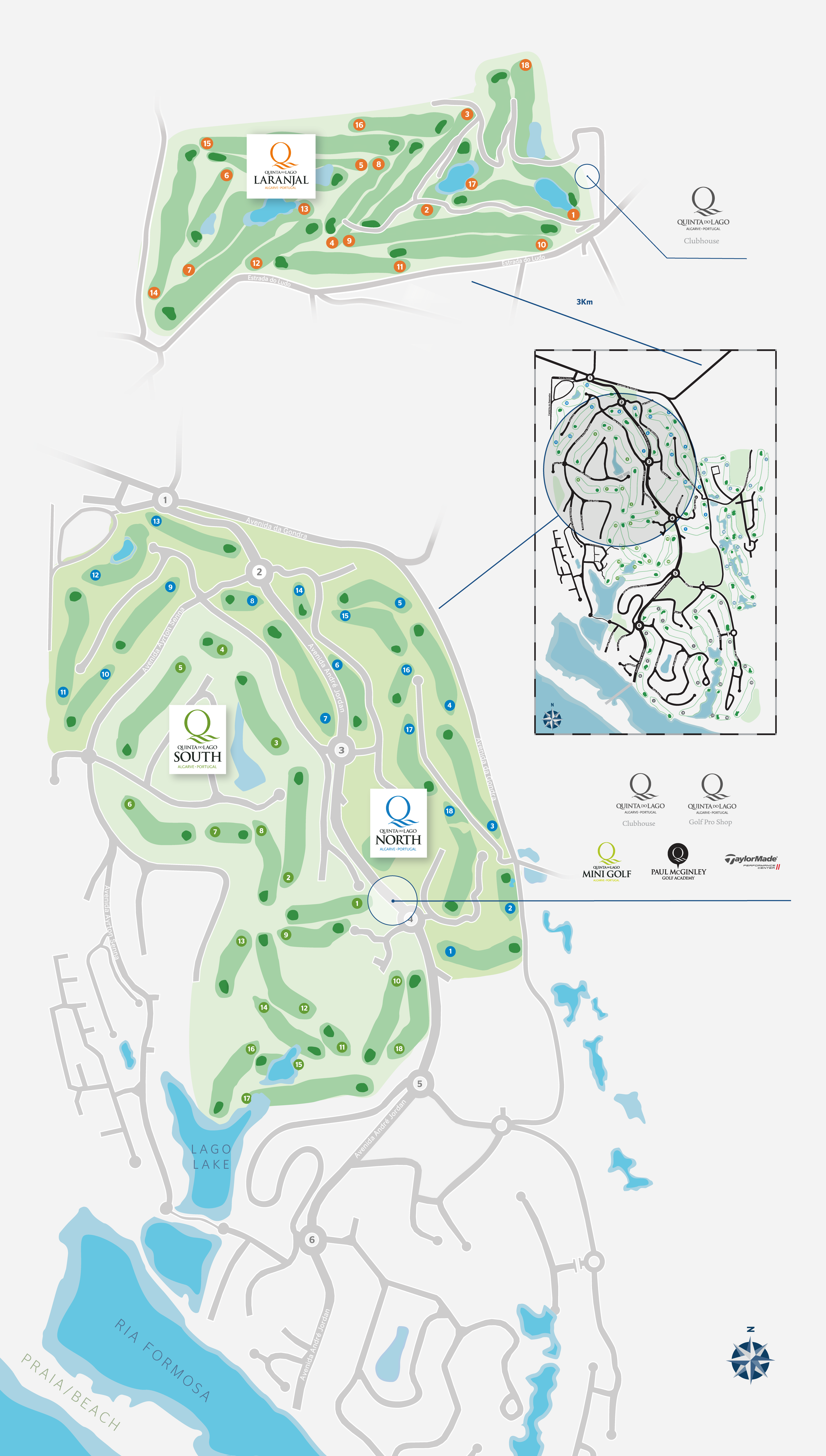 A detailed map of the golf course at Quinta do Lago, showing the layout of the holes, paths, and surrounding areas. The map includes a smaller inset map and markers indicating various features within the course.